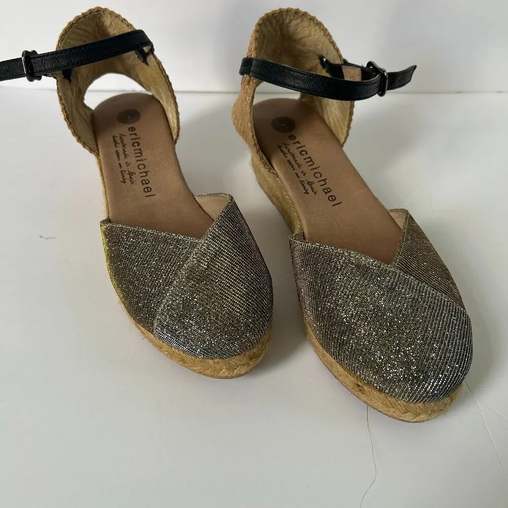 Eric Michael Copa Metallic Espadrille Sandal Ankle Strap 6 Comfort Spain Summer